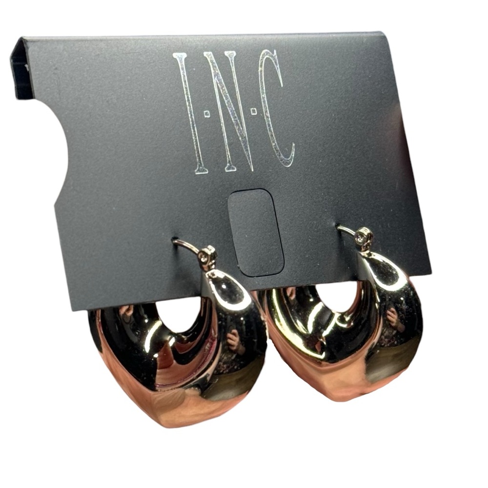 INC International Concepts Silver Hollow Puffy Heart Hoops Earrings NEW